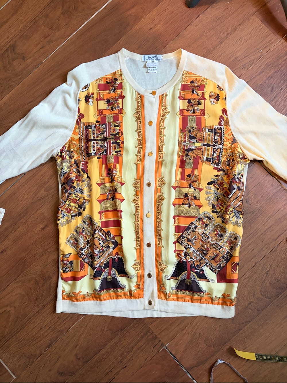 Vtg Hermes silk scarf-front cotton cardigan - Picture 6 of 11